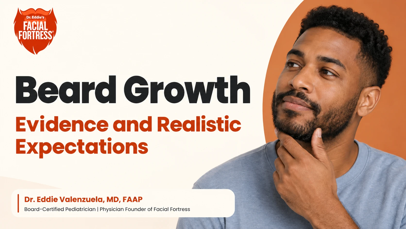 A man touching his beard beside the title Beard Growth: Evidence and Realistic Expectations, with the Facial Fortress logo and Dr. Eddie Valenzuela’s author credit.