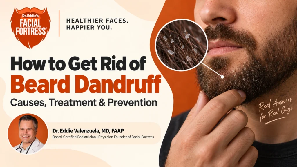 How to get rid of beard dandruff, with a close-up of flaky beard skin and guidance from Dr. Eddie Valenzuela