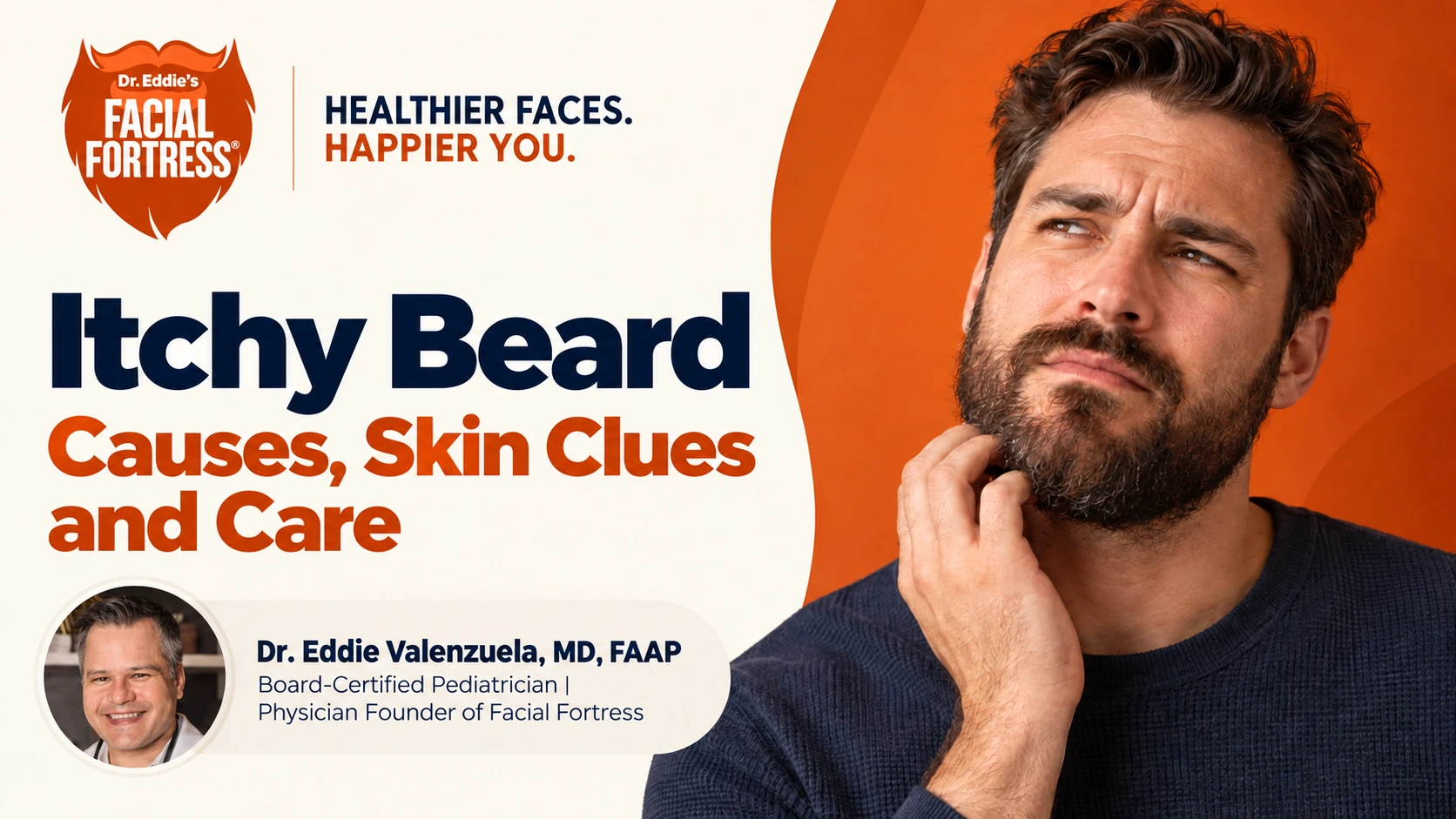 Itchy beard: causes, skin clues and care, with a bearded man and Dr. Eddie Valenzuela.
