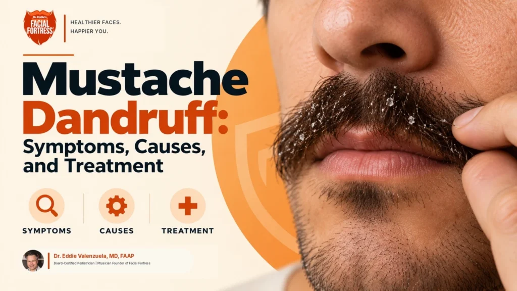 Man with visible flakes in his mustache illustrating symptoms, causes, and treatment of mustache dandruff, Facial Fortress