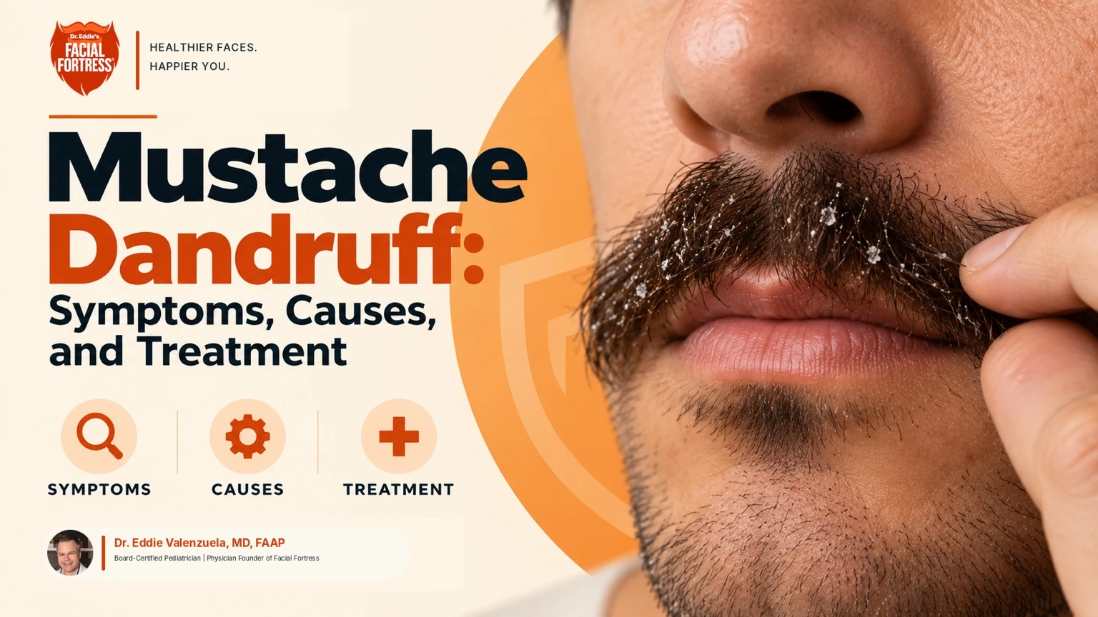 Man with visible flakes in his mustache illustrating symptoms, causes, and treatment of mustache dandruff, Facial Fortress