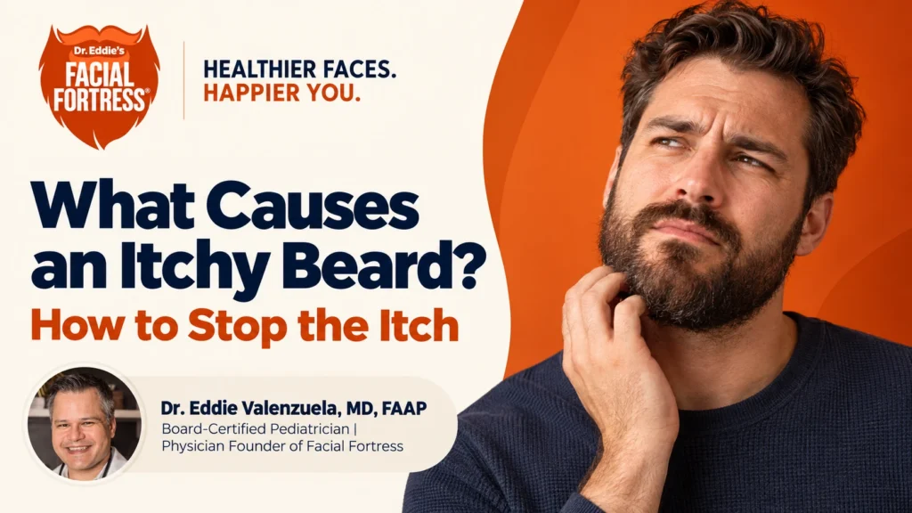 What causes an itchy beard and how to stop the itch, with Dr. Eddie Valenzuela and a bearded man scratching irritated skin