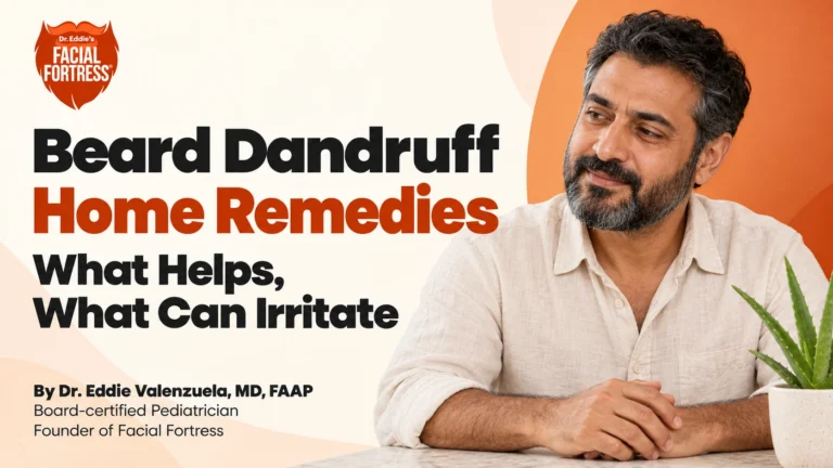Beard dandruff home remedies: a bearded man sits beside an aloe plant; what helps and what can irritate.