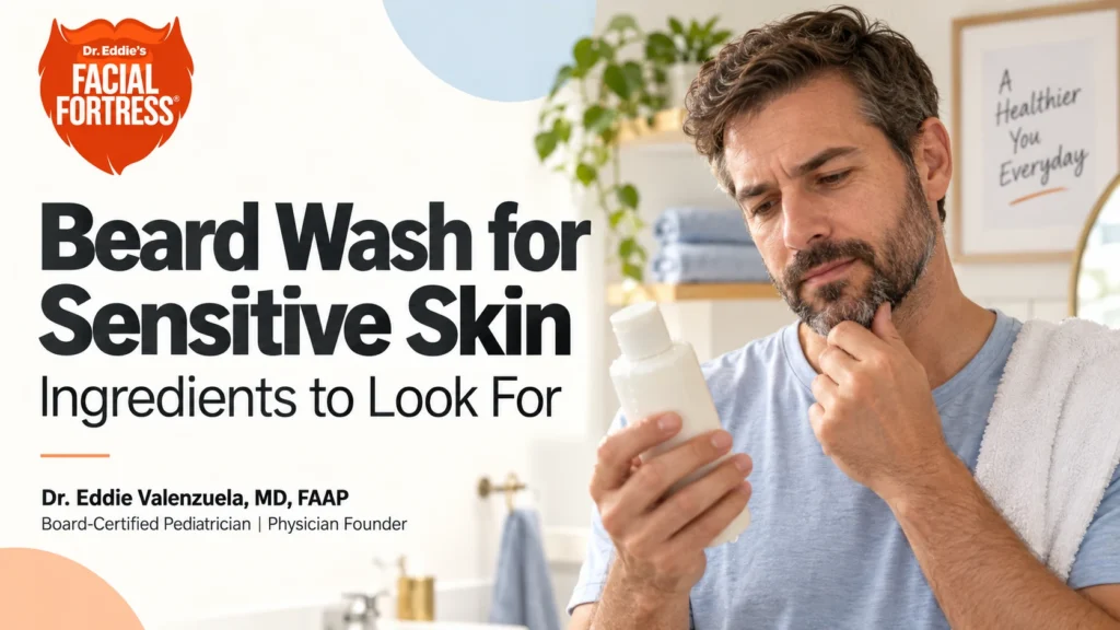 Bearded man examining a cleanser bottle for a guide to beard-wash ingredients for sensitive skin.
