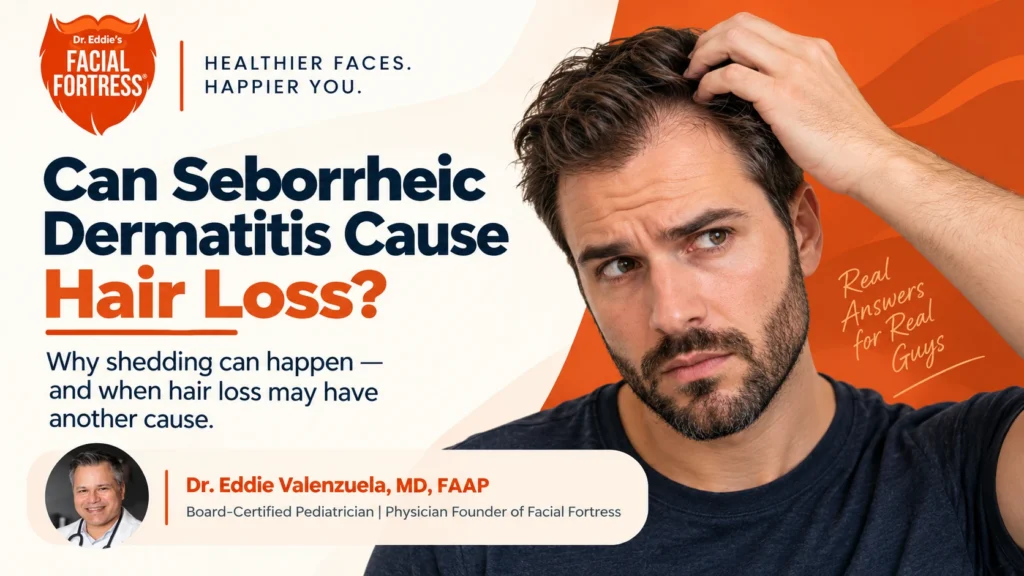 Can seborrheic dermatitis cause hair loss? Facial Fortress hero image with Dr. Eddie Valenzuela and a man concerned about hair shedding.