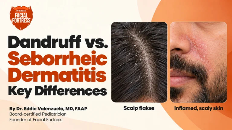Side-by-side views of scalp flakes and inflamed, scaly skin beside the nose, illustrating dandruff and seborrheic dermatitis.
