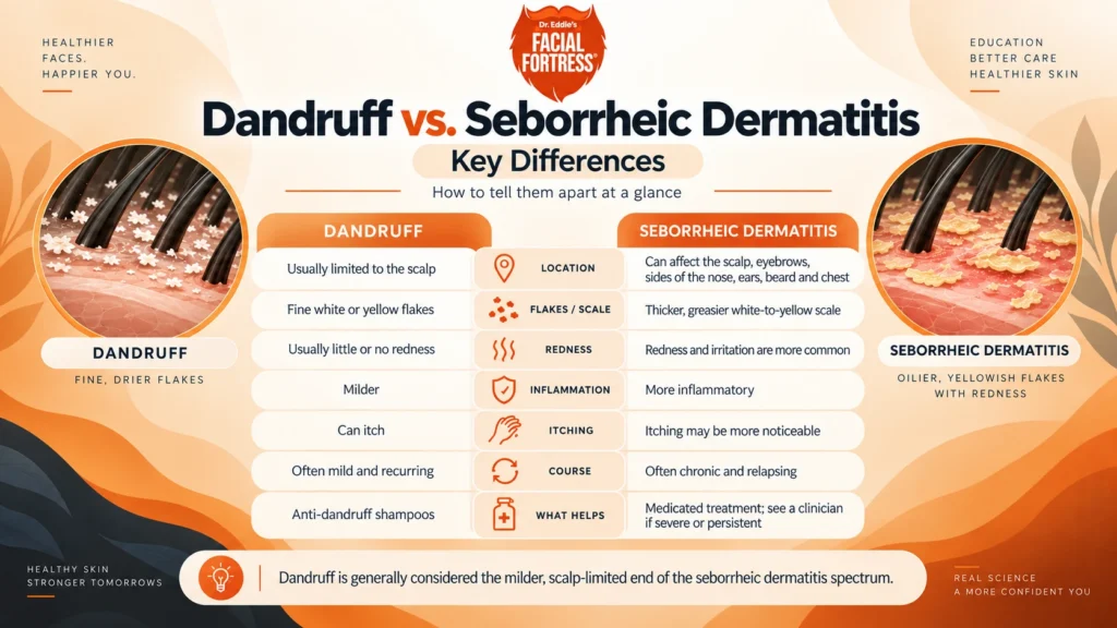 Infographic comparing dandruff and seborrheic dermatitis, including differences in location, flakes, redness, itching, inflammation, and treatment.