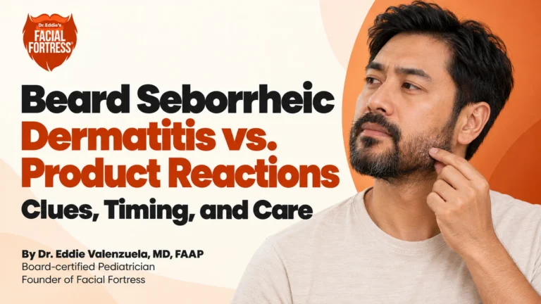 Beard seborrheic dermatitis versus product reactions: a bearded man checks the skin along his jaw; clues, timing, and care.