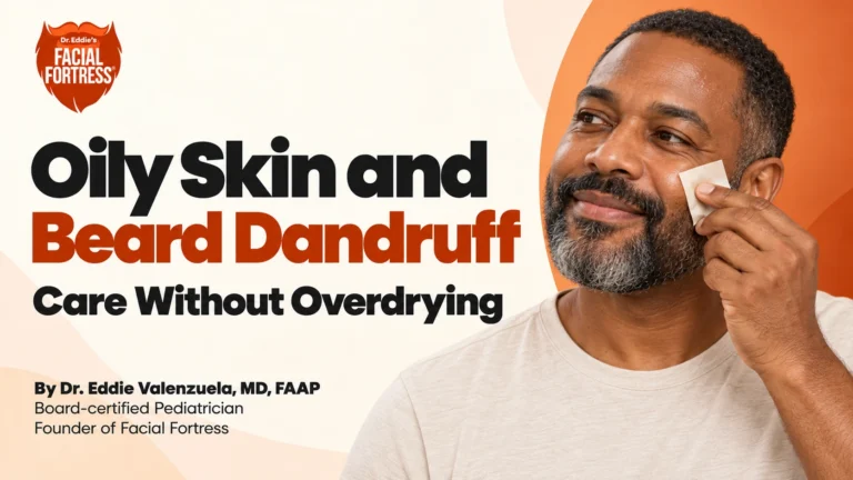 Oily skin and beard dandruff: a smiling bearded man uses a blotting sheet on his cheek; care without overdrying.