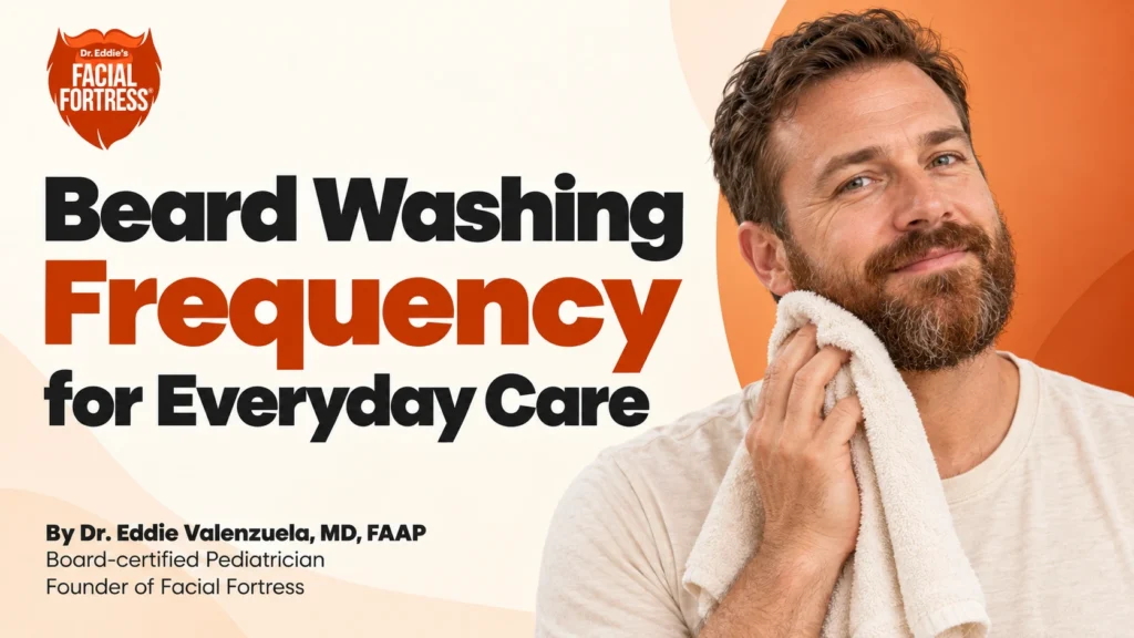 Beard washing frequency for everyday care, with a man gently patting his beard dry with a towel.