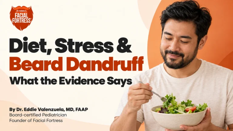 Diet, stress and beard dandruff: what the evidence says, with a bearded man holding a bowl of salad.