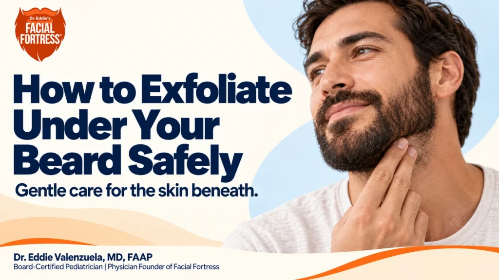 Man gently touching the skin beneath his beard beside the title How to Exfoliate Under Your Beard Safely.