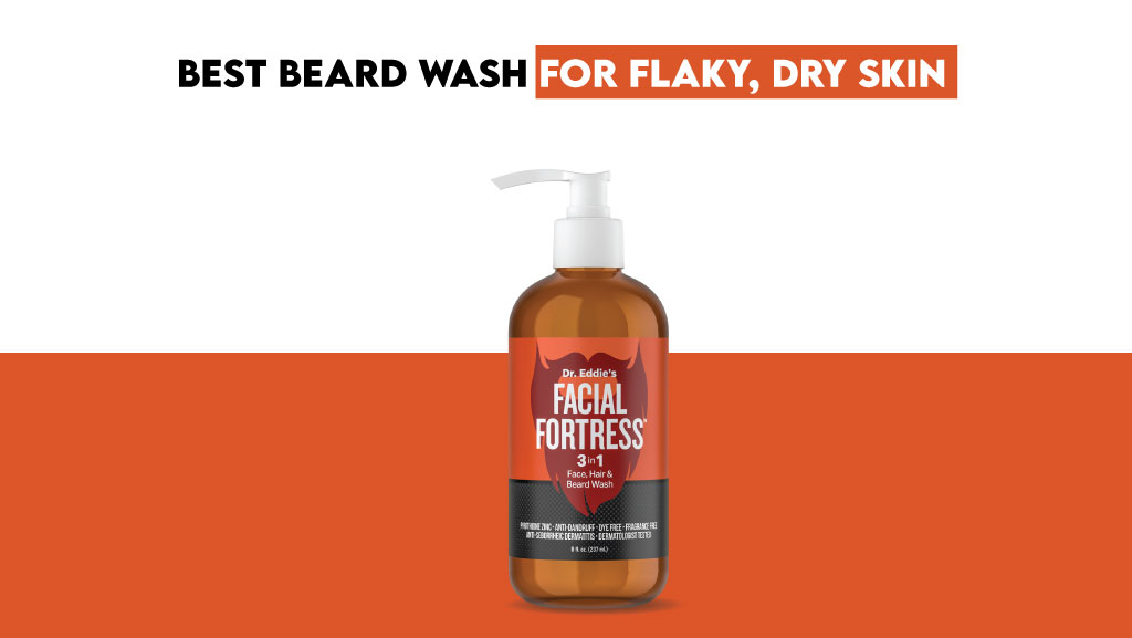 Man washing his beard with **Facial Fortress 3-in-1 Beard Wash**, helping reduce dry, flaky skin under the mustache and beard while supporting the skin barrier.