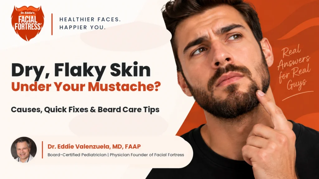 Man with dry, flaky skin under his mustache illustrating common causes and beard care, Facial Fortress