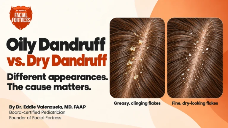 Oily dandruff vs. dry dandruff: side-by-side scalp images comparing greasy, clinging flakes with fine, dry-looking flakes.