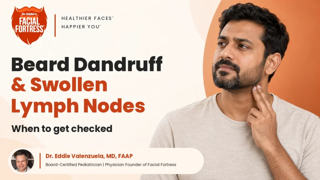 Beard dandruff and swollen lymph nodes: when to get checked. A man gently touches the side of his neck beneath his beard.