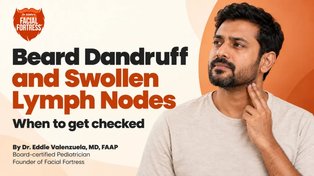 Beard dandruff and swollen lymph nodes: when to get checked. A bearded man gently touches the side of his neck.