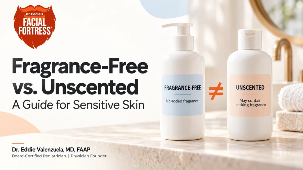 Fragrance-free and unscented cleanser labels compared: no added fragrance versus possible masking fragrance.