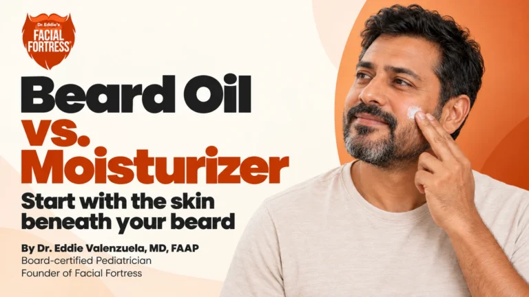 Beard oil vs. moisturizer: start with the skin beneath your beard, with a man applying moisturizer to his cheek.