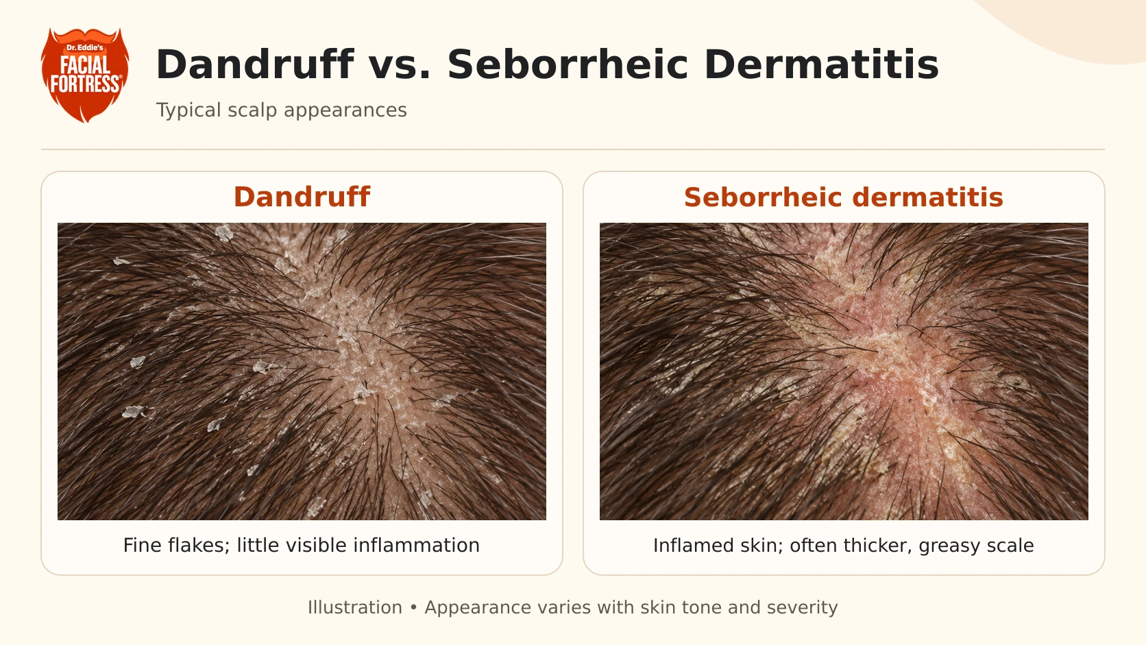 Illustrated comparison of scalp dandruff and more visibly inflamed seborrheic dermatitis.