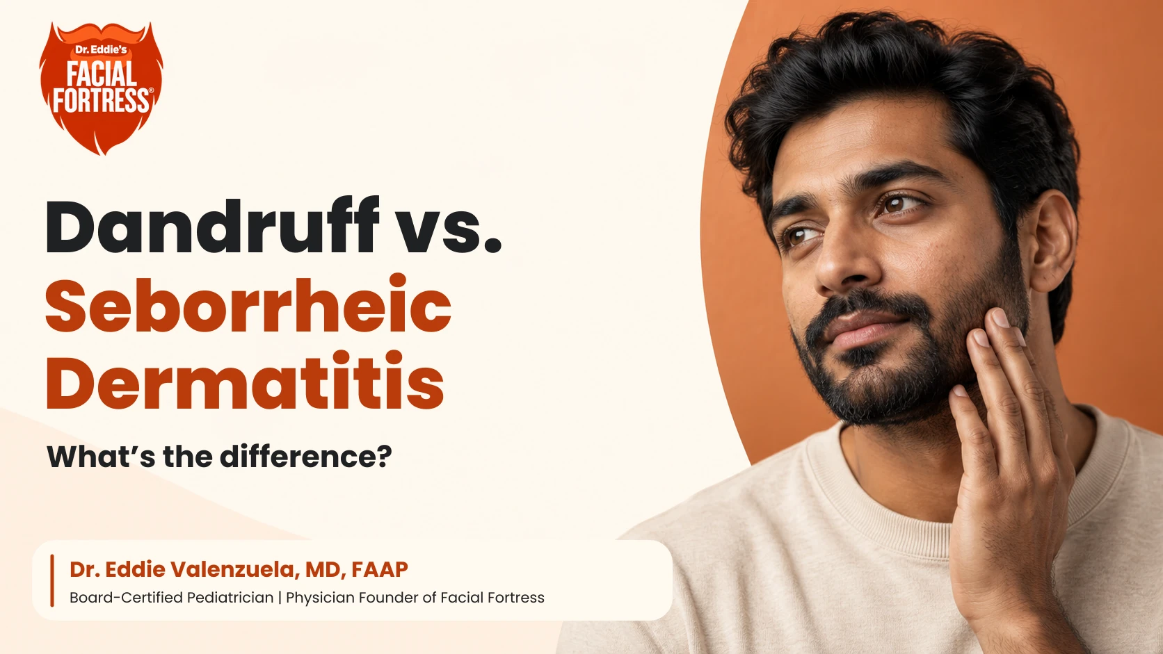 A bearded man touching his cheek beside the title Dandruff vs. Seborrheic Dermatitis, with the official Facial Fortress logo and Dr. Eddie Valenzuela’s physician credit.