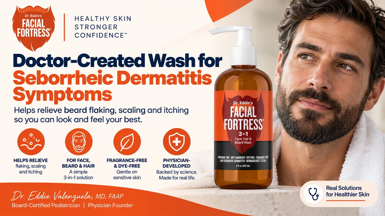 Facial Fortress 3-in-1 Medicated Wash for beard, face, and hair, with benefits for flaking, scaling, and itching associated with dandruff and seborrheic dermatitis.