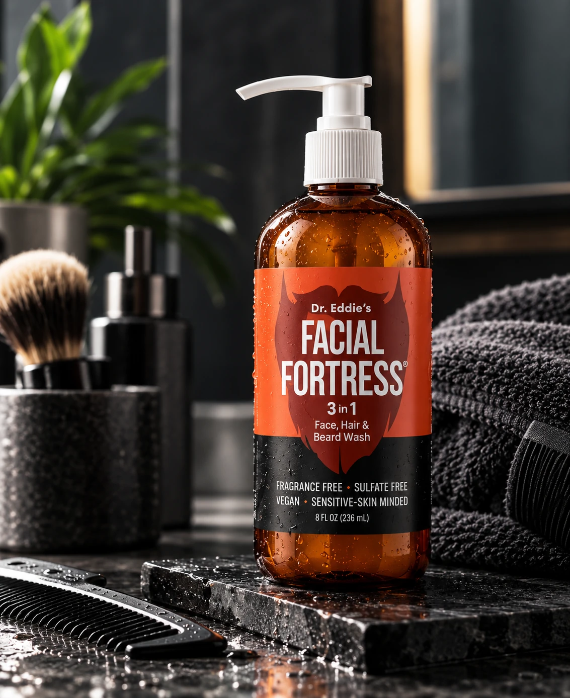 Facial Fortress medicated 3-in-1 face, hair and beard wash in a masculine bathroom grooming setting