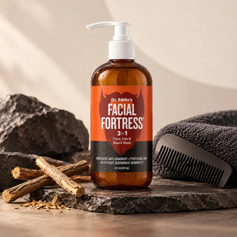 Facial Fortress medicated 3-in-1 wash with men’s grooming accessories