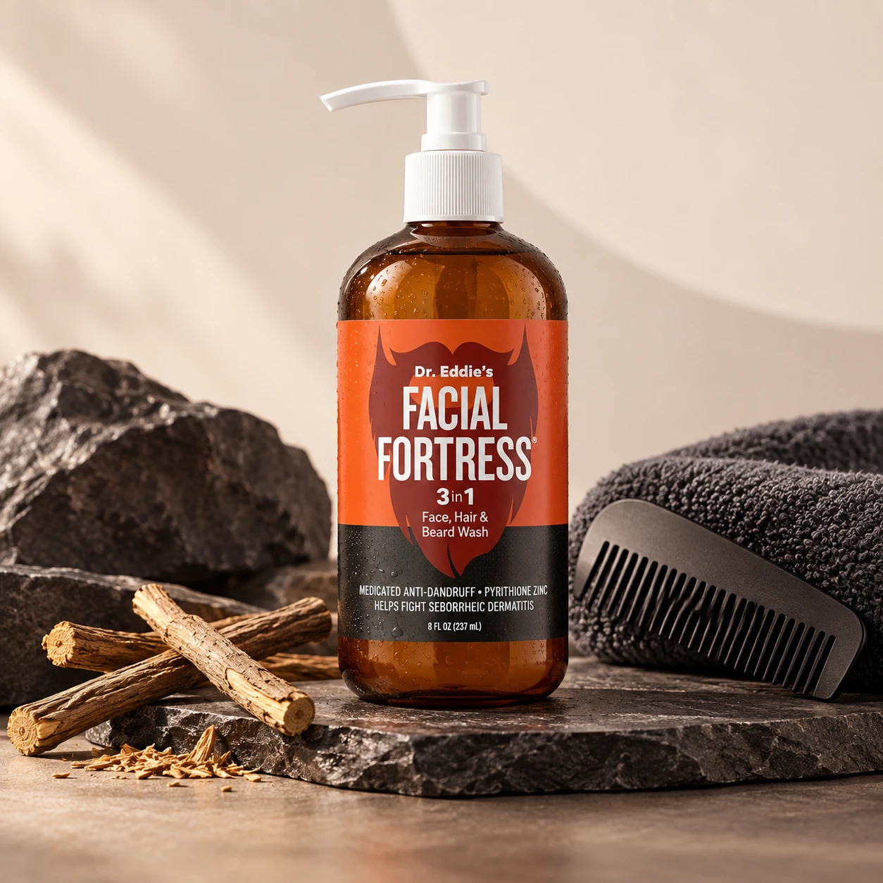 Facial Fortress medicated 3-in-1 face, hair and beard wash with men’s grooming accessories