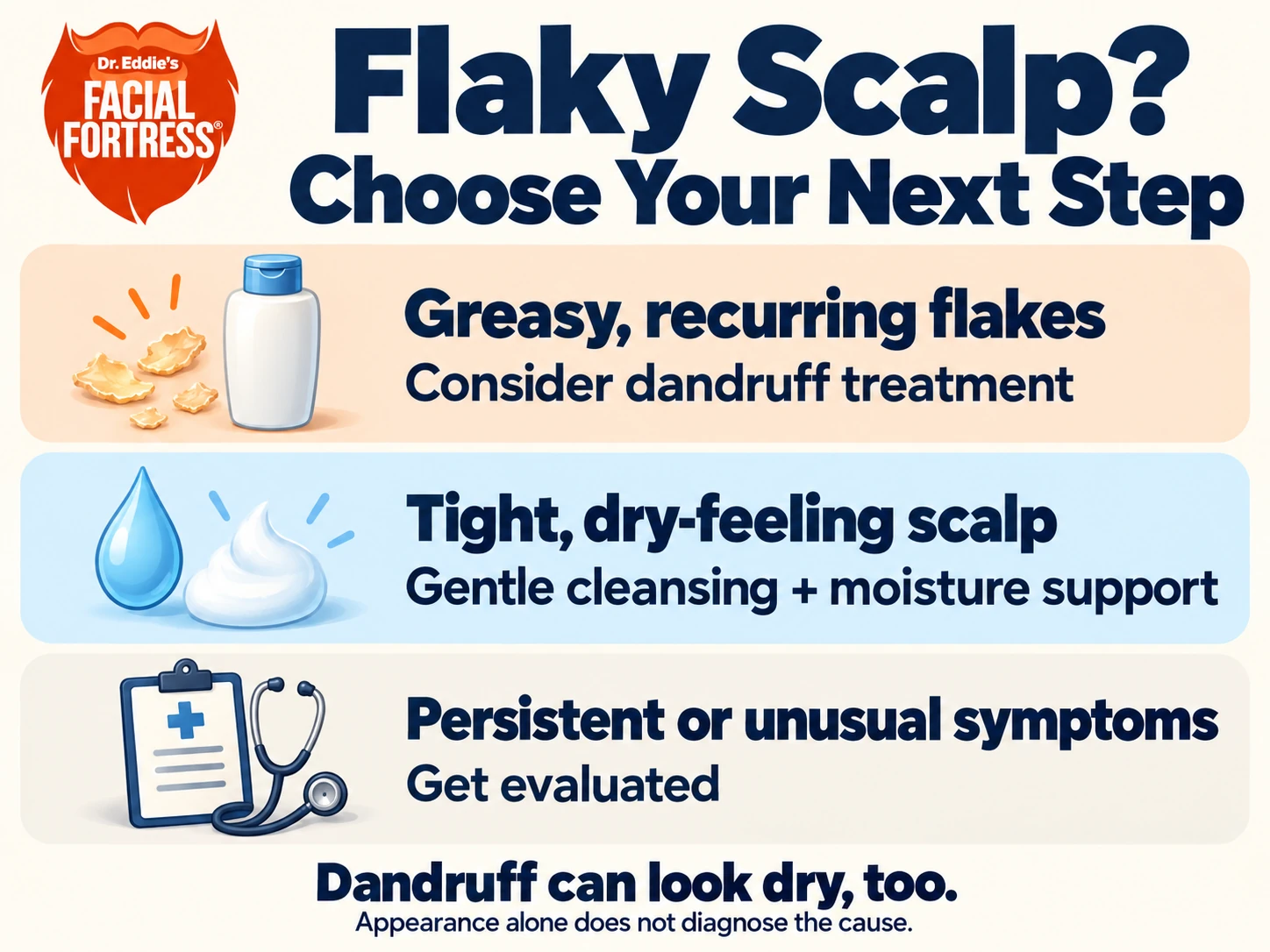Scalp-care guide comparing practical next steps for greasy flakes, dry-feeling skin and persistent symptoms.