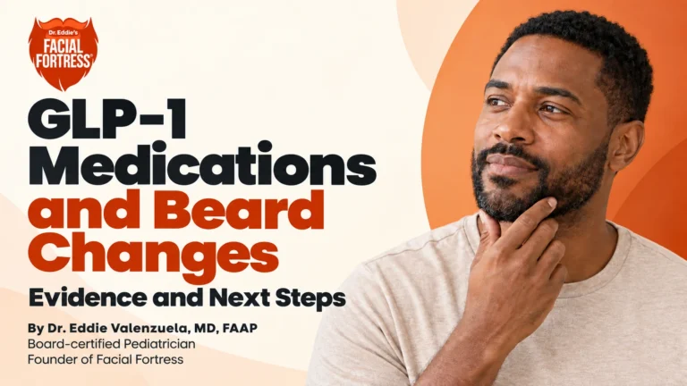GLP-1 medications and beard changes: evidence and next steps, with a bearded man resting a hand on his chin.