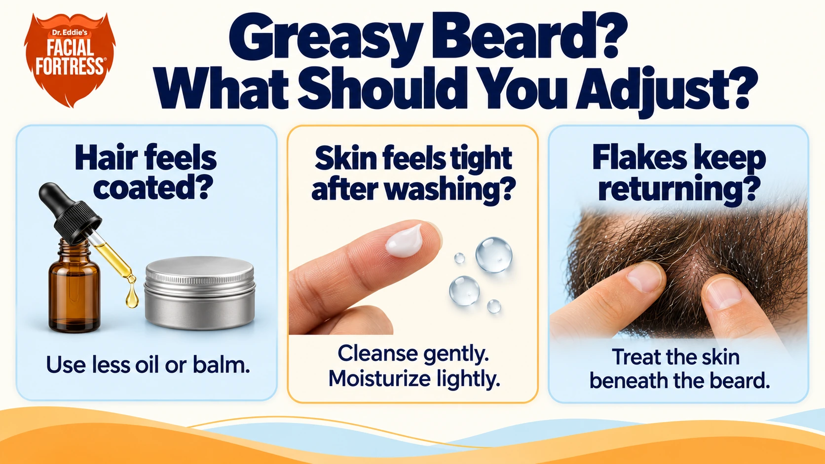 For coated beard hair, use less oil or balm; for tight skin, cleanse gently and moisturize lightly; for recurring flakes, treat the skin beneath the beard.