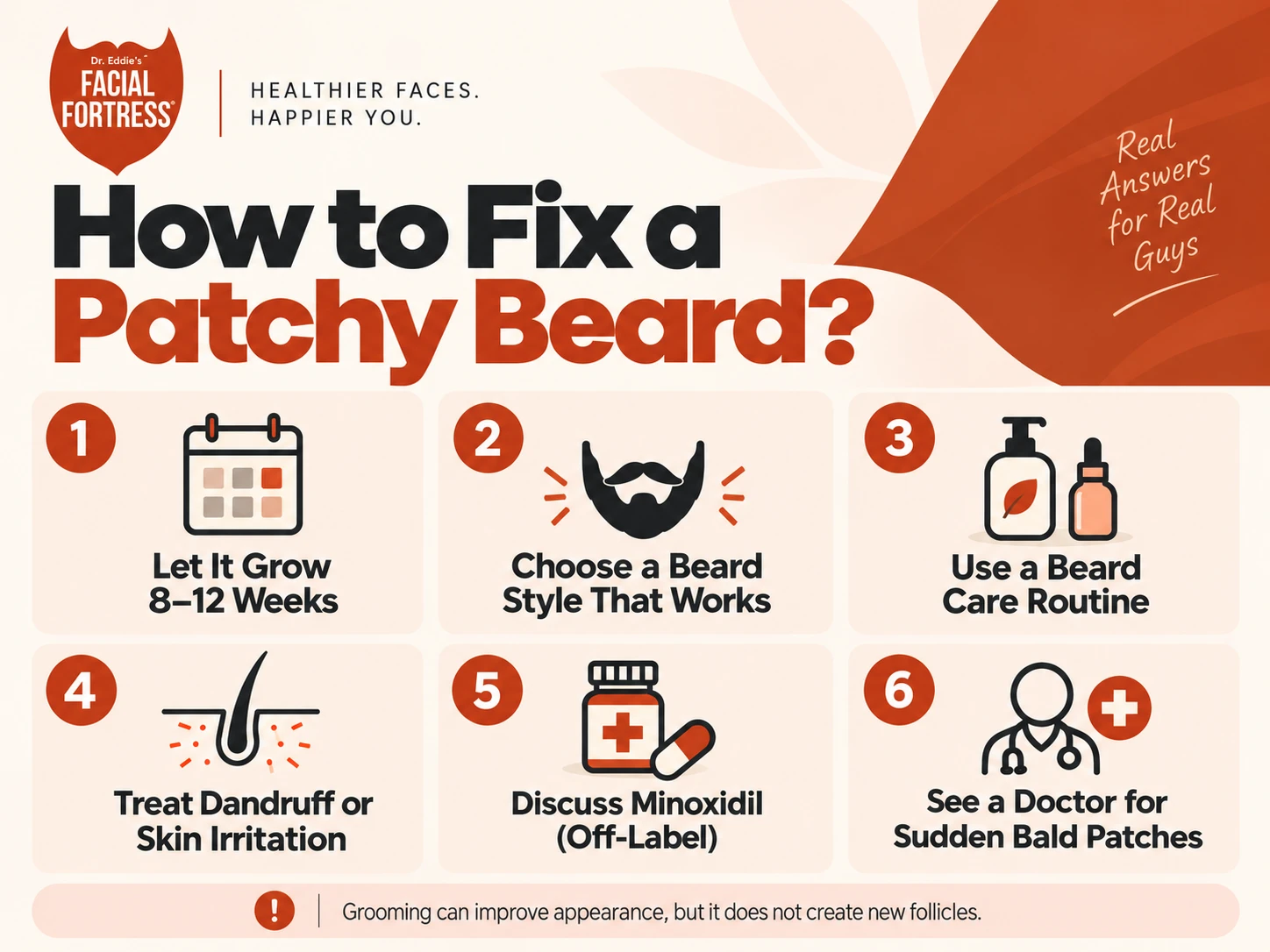 Infographic showing practical ways to improve a patchy beard, including growing it out, choosing a beard style, using a beard care routine, treating dandruff or irritation, discussing off-label minoxidil, and seeing a doctor for sudden bald patches.