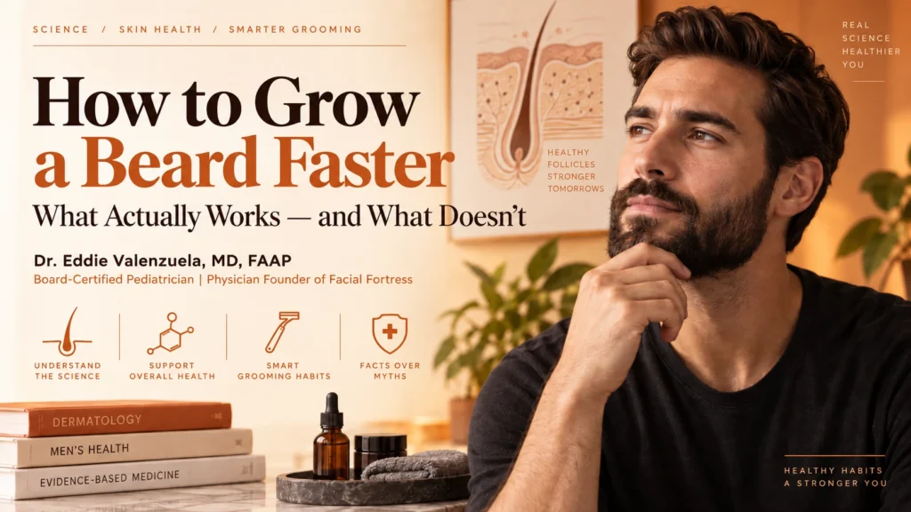 How to grow a beard faster evidence-based guide by Dr. Eddie Valenzuela, MD, FAAP, Board-Certified Pediatrician and Physician Founder of Facial Fortress