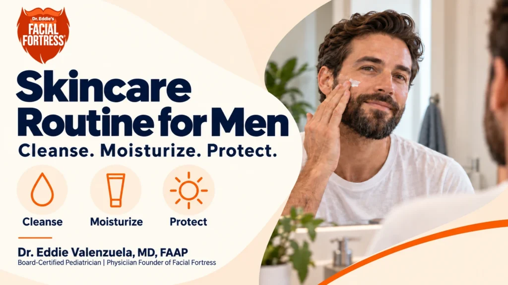 Bearded man applying moisturizer, with icons for cleansing, moisturizing, and sun protection.