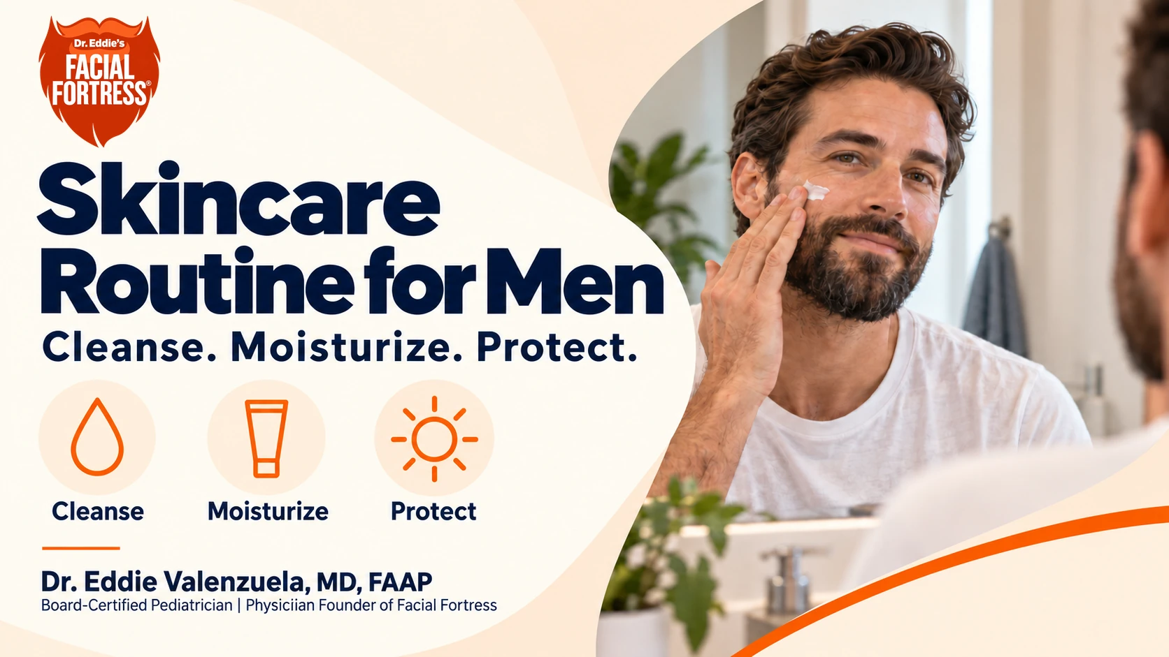 Bearded man applying moisturizer, with icons for cleansing, moisturizing, and sun protection.