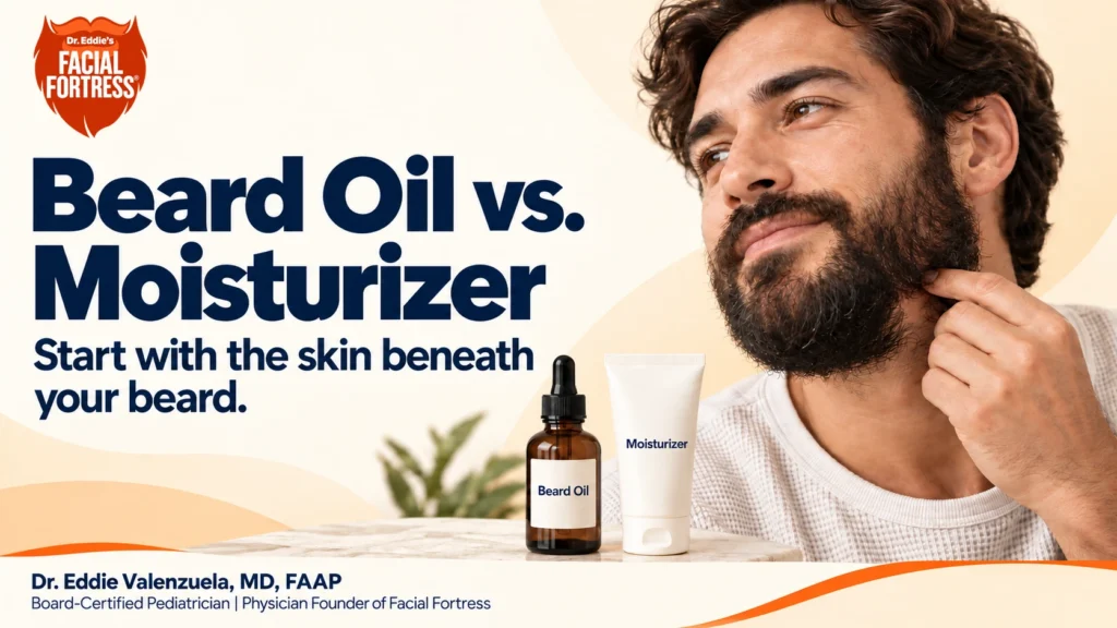 Bearded man beside beard oil and facial moisturizer, emphasizing care for the skin beneath facial hair.