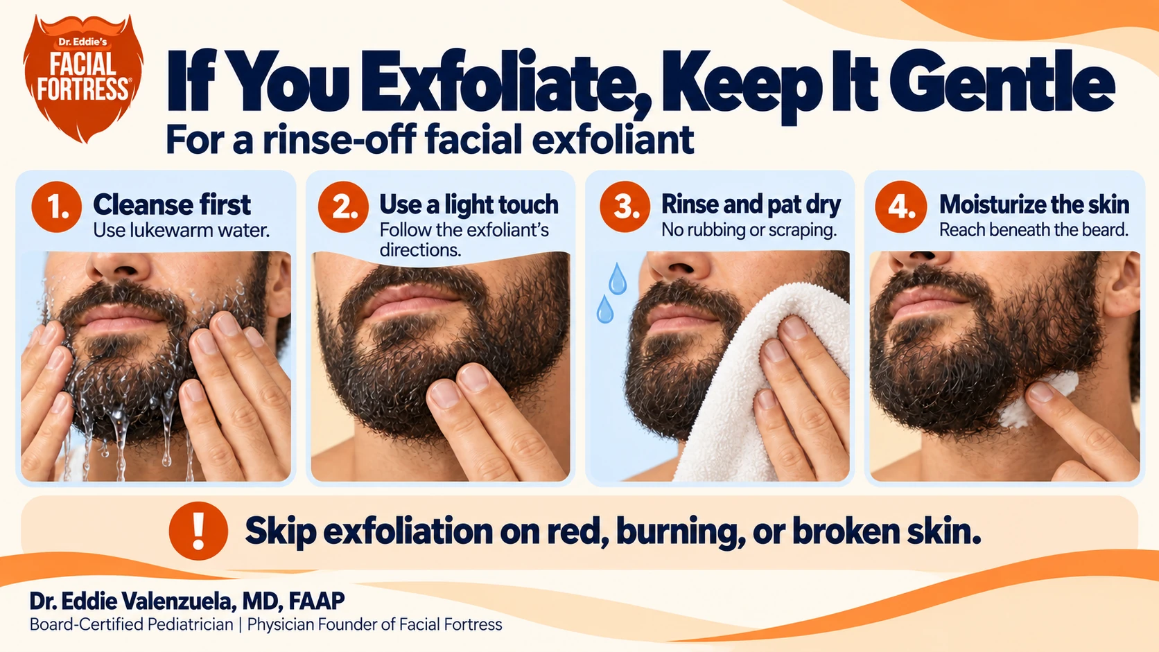 Four steps for a rinse-off facial exfoliant: cleanse, use a light touch, rinse and pat dry, then moisturize. Skip red, burning, or broken skin.