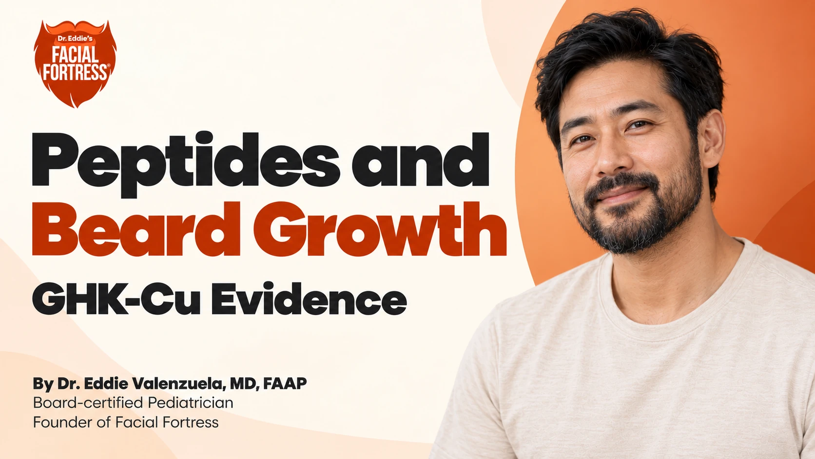 Peptides and beard growth: GHK-Cu evidence, with a smiling man with a short dark beard.