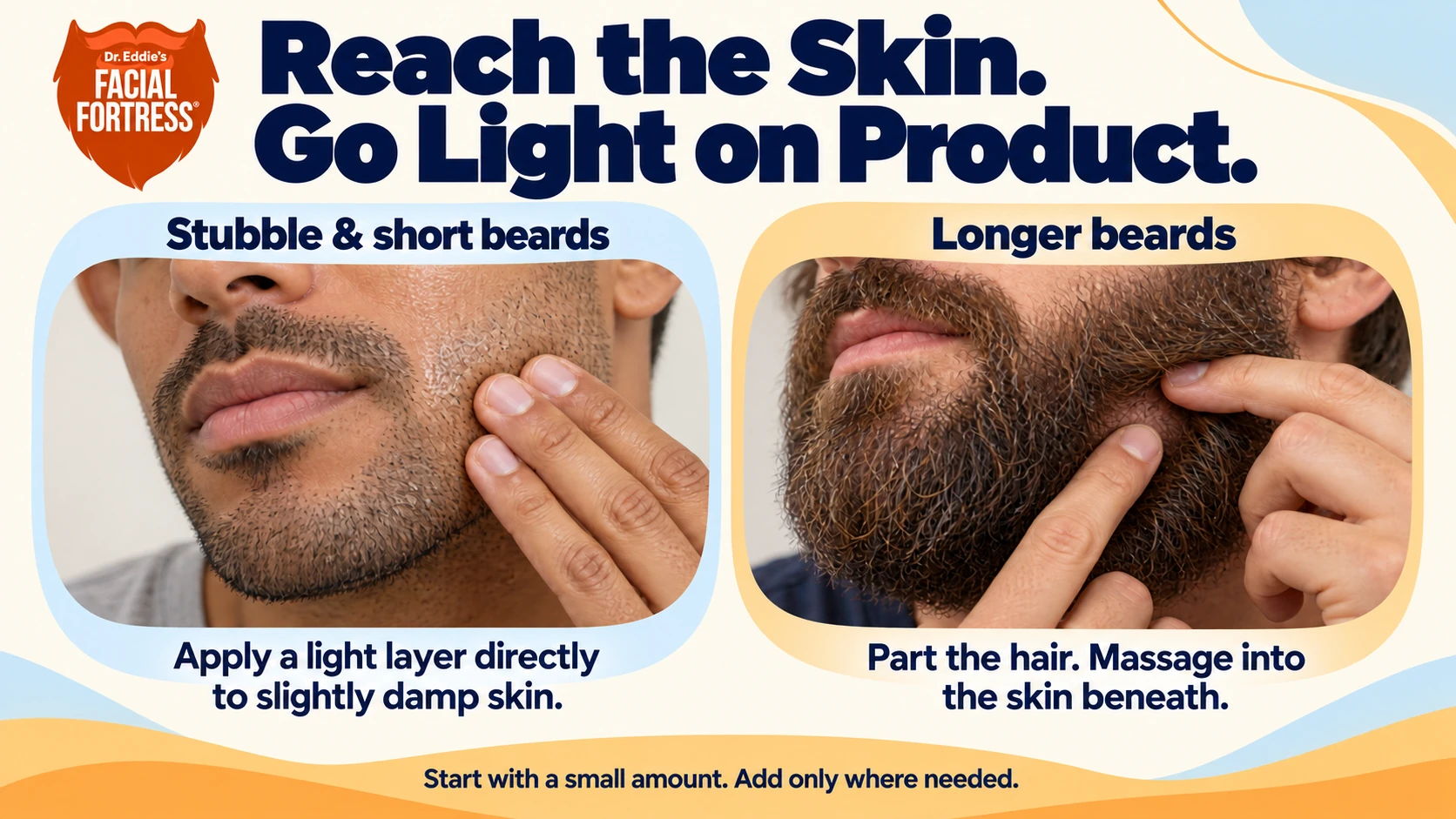 Apply a light layer to slightly damp skin under stubble; part longer beard hair and massage into the skin beneath, starting with a small amount.