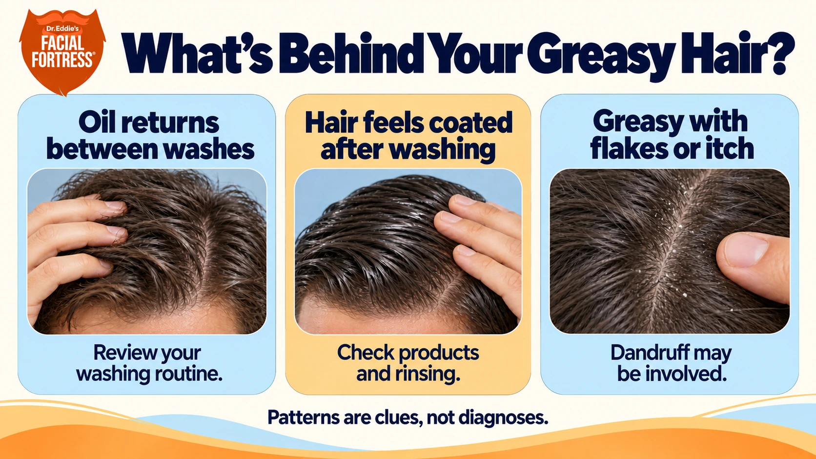 Three greasy-hair patterns: oil returning between washes, a coated feeling after washing, or greasiness with flakes or itch. Patterns are clues, not diagnoses.