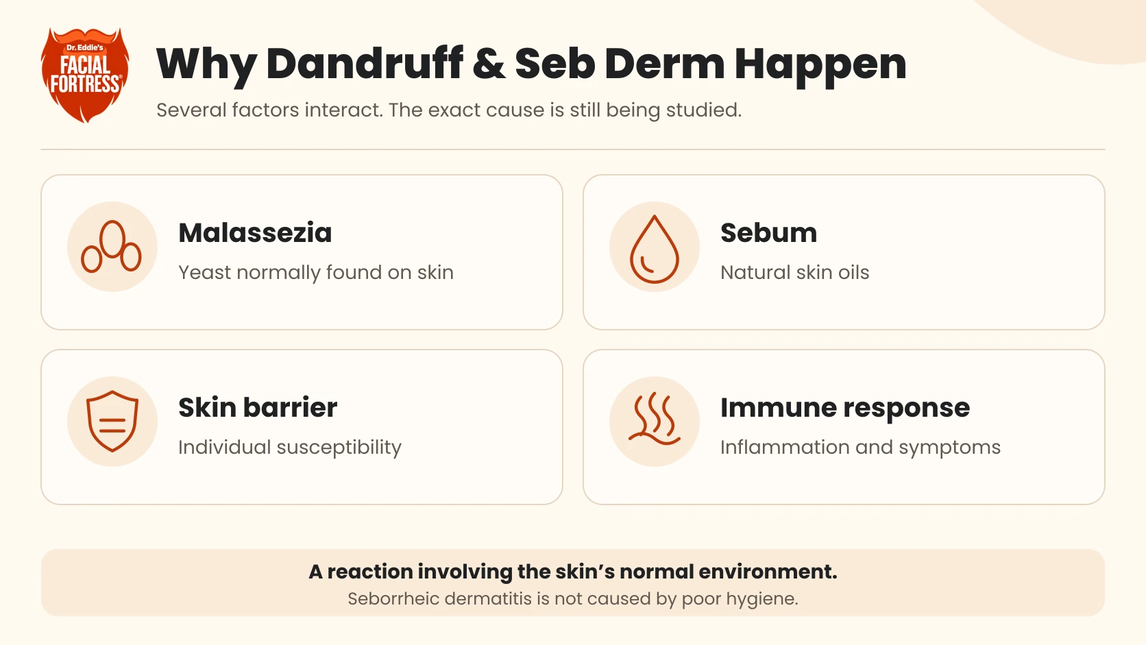 Four interacting factors in dandruff and seborrheic dermatitis: Malassezia yeast, natural skin oils, skin-barrier susceptibility, and immune response.