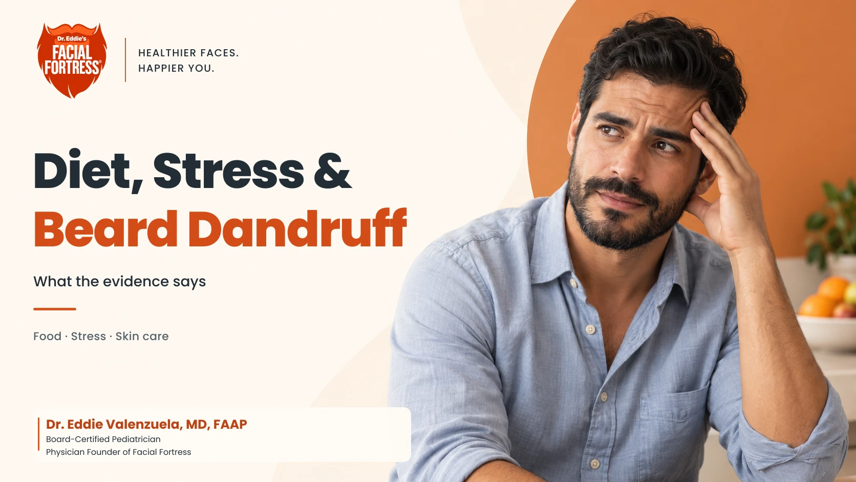 Diet, Stress & Beard Dandruff: What the evidence says, with a thoughtful bearded man.