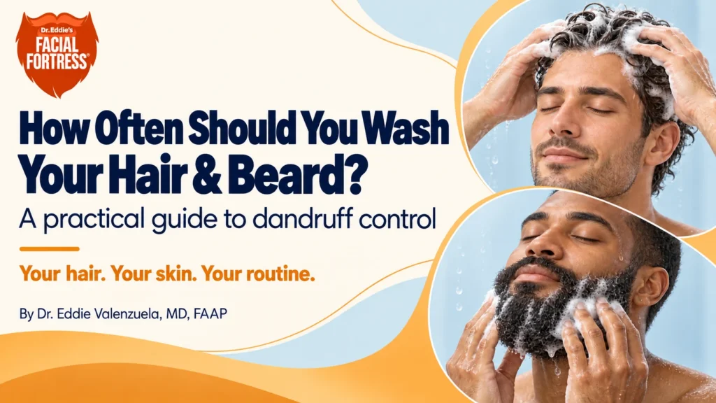 Men gently washing their scalp and beard, illustrating a guide to dandruff washing frequency.