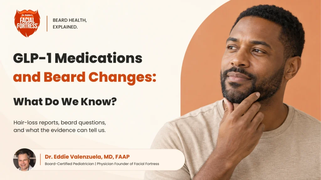 GLP-1 Medications and Beard Changes: What Do We Know? Facial Fortress article artwork with a bearded man and Dr. Eddie Valenzuela.