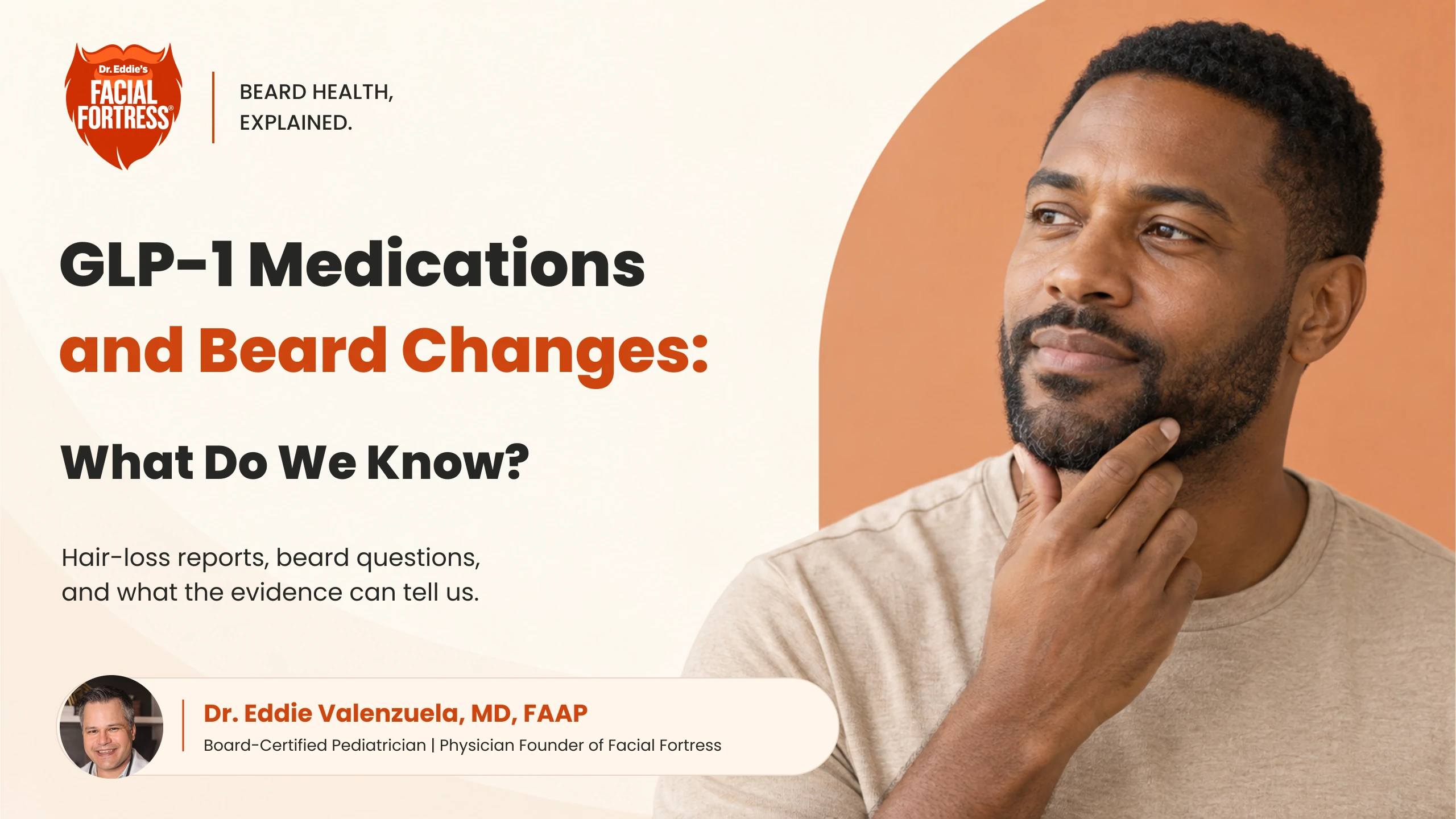 GLP-1 Medications and Beard Changes: What Do We Know? Facial Fortress article artwork with a bearded man and Dr. Eddie Valenzuela.