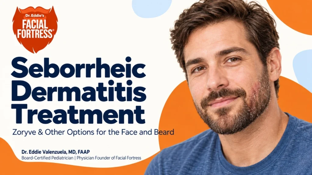 Man with redness and flaking along his beard beside a guide to Zoryve and other seborrheic dermatitis treatments.