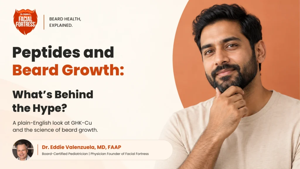 Peptides and Beard Growth: What’s Behind the Hype? Facial Fortress article artwork with a bearded man and Dr. Eddie Valenzuela.