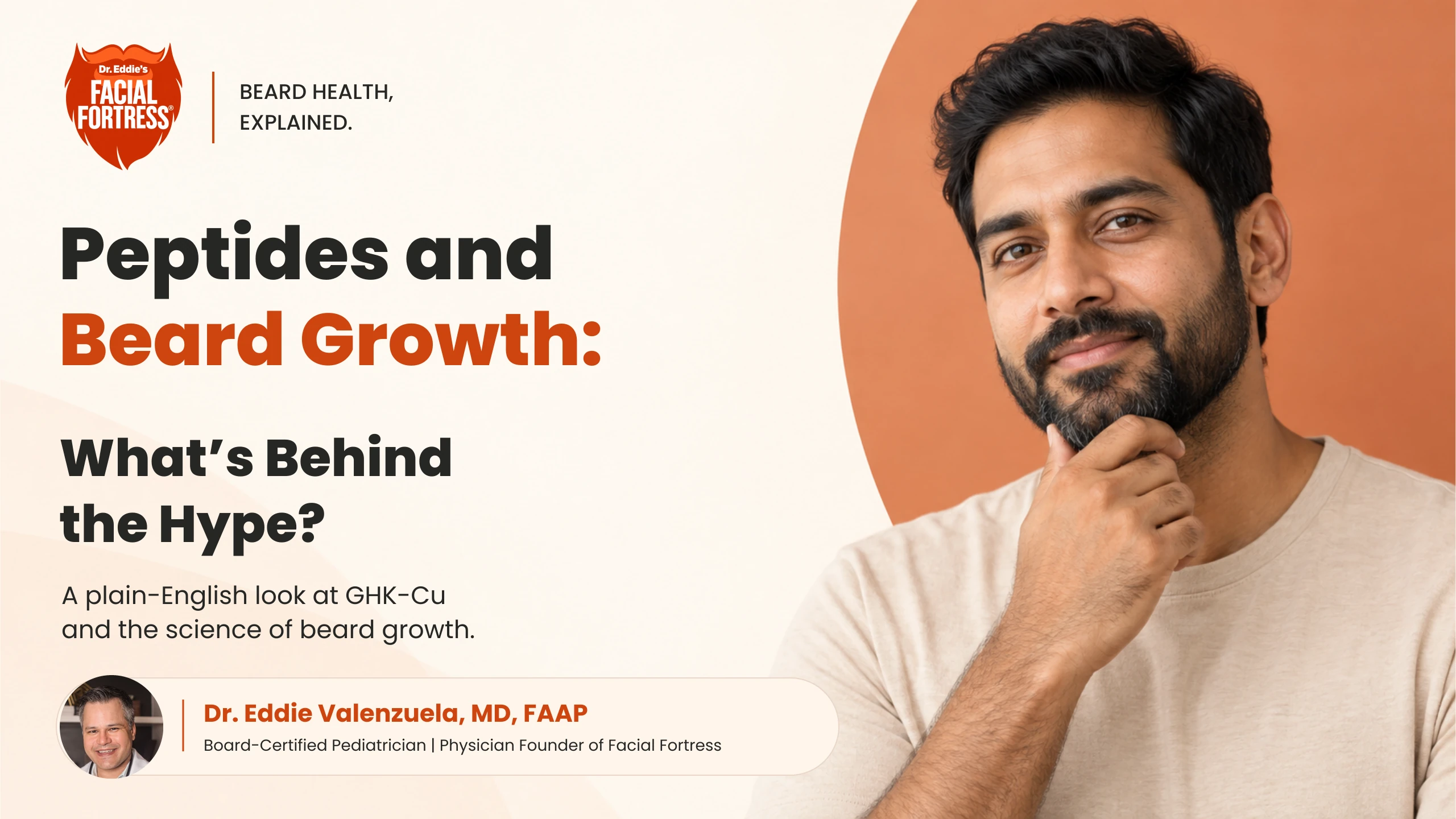Peptides and Beard Growth: What’s Behind the Hype? Facial Fortress article artwork with a bearded man and Dr. Eddie Valenzuela.