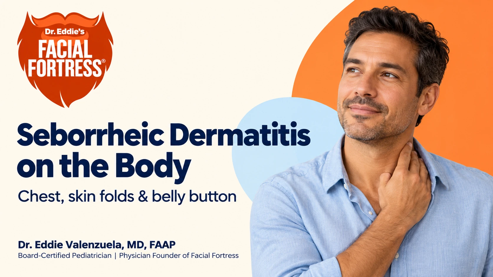 Seborrheic dermatitis on the body: chest, skin folds and belly button, with a man touching his neck.